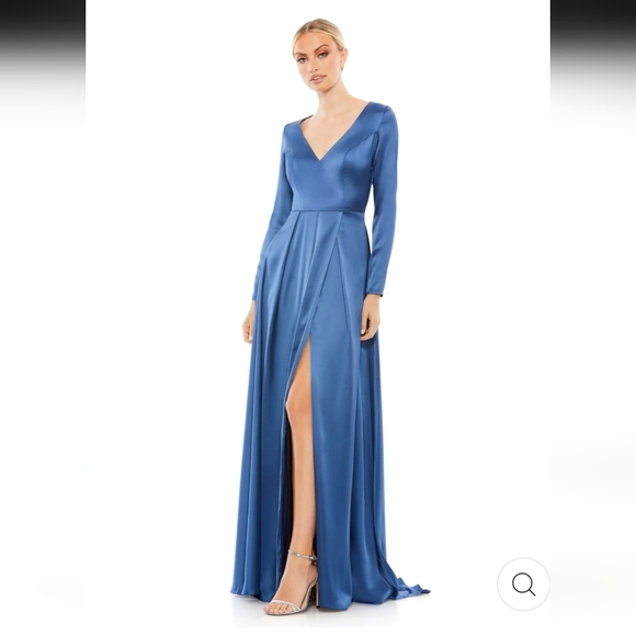 Ieena by Mac Duggal SATIN V NECK LONG SLEEVE PLEATED GOWN - Picture 2 of 4